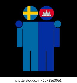 Flat illustration of two human figures with Sweden and Cambodia flags as heads. Minimalistic design, isolated background.