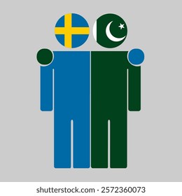 Flat illustration of two human figures with Sweden and Pakistan flags as heads. Minimalistic design, isolated background.