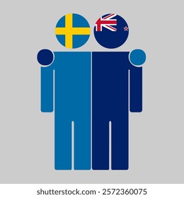 Flat illustration of two human figures with Sweden and New Zealand flags as heads. Minimalistic design, isolated background.