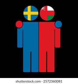 Flat illustration of two human figures with Sweden and Oman flags as heads. Minimalistic design, isolated background.