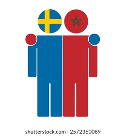 Flat illustration of two human figures with Sweden and Morocco flags as heads. Minimalistic design, isolated background.