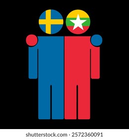 Flat illustration of two human figures with Sweden and Myanmar flags as heads. Minimalistic design, isolated background.