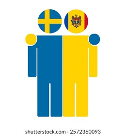 Flat illustration of two human figures with Sweden and Moldova flags as heads. Minimalistic design, isolated background.