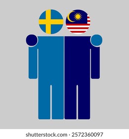 Flat illustration of two human figures with Sweden and Malaysia flags as heads. Minimalistic design, isolated background.