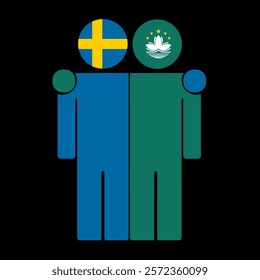 Flat illustration of two human figures with Sweden and Macau China flags as heads. Minimalistic design, isolated background.