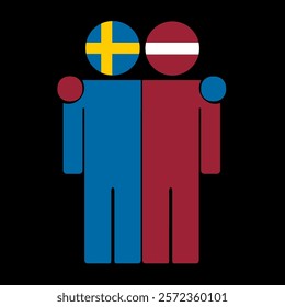 Flat illustration of two human figures with Sweden and Latvia flags as heads. Minimalistic design, isolated background.