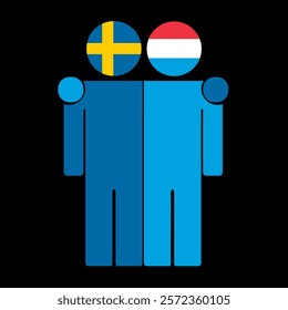 Flat illustration of two human figures with Sweden and Luxembourg flags as heads. Minimalistic design, isolated background.