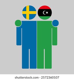 Flat illustration of two human figures with Sweden and Libya flags as heads. Minimalistic design, isolated background.