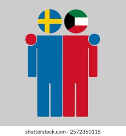 Flat illustration of two human figures with Sweden and Kuwait flags as heads. Minimalistic design, isolated background.