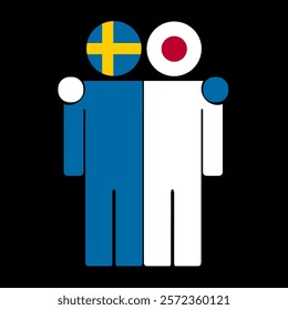 Flat illustration of two human figures with Sweden and Japan flags as heads. Minimalistic design, isolated background.