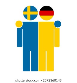 Flat illustration of two human figures with Sweden and Germany flags as heads. Minimalistic design, isolated background.