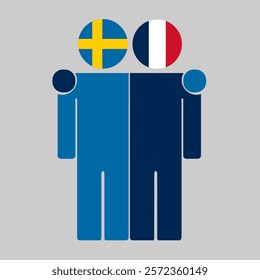 Flat illustration of two human figures with Sweden and France flags as heads. Minimalistic design, isolated background.