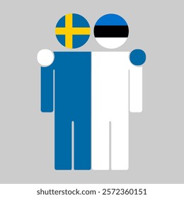 Flat illustration of two human figures with Sweden and Estonia flags as heads. Minimalistic design, isolated background.