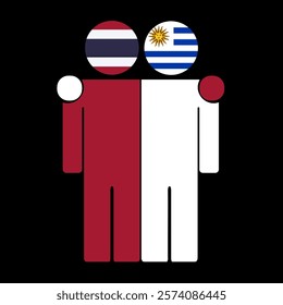 Flat illustration of two human figures with Thailand and Uruguay flags as heads. Minimalistic design, isolated background.