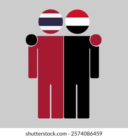 Flat illustration of two human figures with Thailand and Yemen flags as heads. Minimalistic design, isolated background.