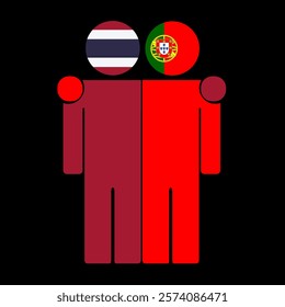 Flat illustration of two human figures with Thailand and Portugal flags as heads. Minimalistic design, isolated background.