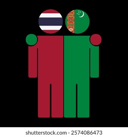 Flat illustration of two human figures with Thailand and Turkmenistan flags as heads. Minimalistic design, isolated background.