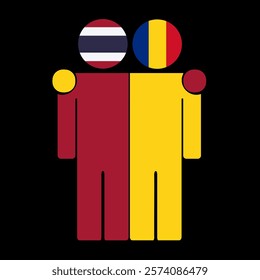 Flat illustration of two human figures with Thailand and Romania flags as heads. Minimalistic design, isolated background.