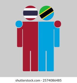 Flat illustration of two human figures with Thailand and Tanzania flags as heads. Minimalistic design, isolated background.