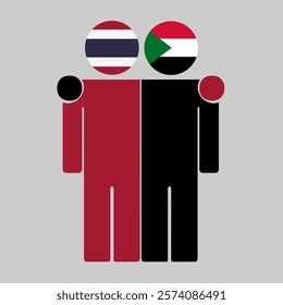 Flat illustration of two human figures with Thailand and Sudan flags as heads. Minimalistic design, isolated background.