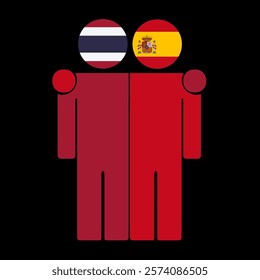 Flat illustration of two human figures with Thailand and Spain flags as heads. Minimalistic design, isolated background.