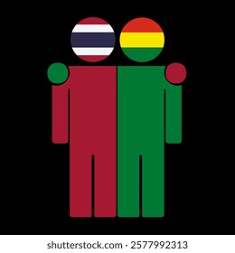 Flat illustration of two human figures with Thailand and Bolivia flags as heads. Minimalistic design, isolated background.