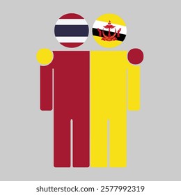 Flat illustration of two human figures with Thailand and Brunei Darussalam flags as heads. Minimalistic design, isolated background.