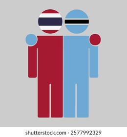 Flat illustration of two human figures with Thailand and Botswana flags as heads. Minimalistic design, isolated background.