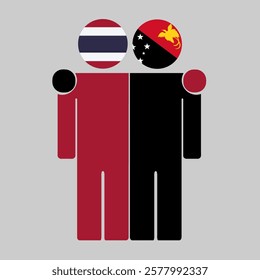 Flat illustration of two human figures with Thailand and Papua New Guinea flags as heads. Minimalistic design, isolated background.