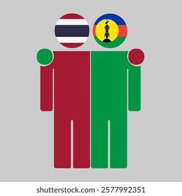 Flat illustration of two human figures with Thailand and New Caledonia flags as heads. Minimalistic design, isolated background.