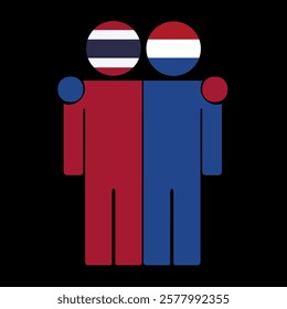 Flat illustration of two human figures with Thailand and Netherlands flags as heads. Minimalistic design, isolated background.