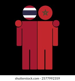 Flat illustration of two human figures with Thailand and Morocco flags as heads. Minimalistic design, isolated background.