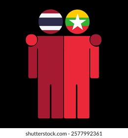 Flat illustration of two human figures with Thailand and Myanmar flags as heads. Minimalistic design, isolated background.