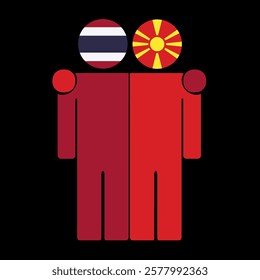 Flat illustration of two human figures with Thailand and North Macedonia flags as heads. Minimalistic design, isolated background.