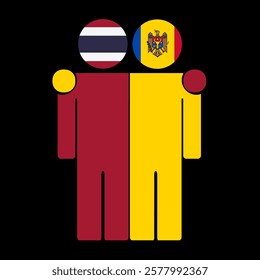 Flat illustration of two human figures with Thailand and Moldova flags as heads. Minimalistic design, isolated background.