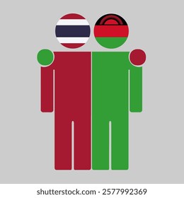 Flat illustration of two human figures with Thailand and Malawi flags as heads. Minimalistic design, isolated background.