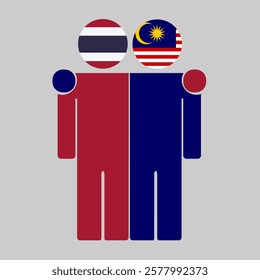 Flat illustration of two human figures with Thailand and Malaysia flags as heads. Minimalistic design, isolated background.