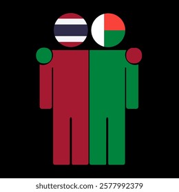 Flat illustration of two human figures with Thailand and Madagascar flags as heads. Minimalistic design, isolated background.