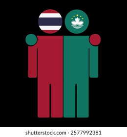 Flat illustration of two human figures with Thailand and Macau China flags as heads. Minimalistic design, isolated background.