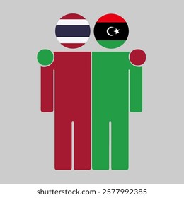 Flat illustration of two human figures with Thailand and Libya flags as heads. Minimalistic design, isolated background.