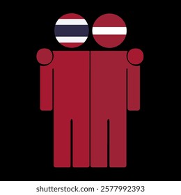 Flat illustration of two human figures with Thailand and Latvia flags as heads. Minimalistic design, isolated background.