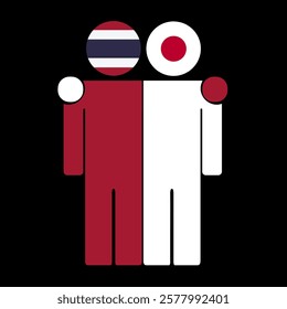 Flat illustration of two human figures with Thailand and Japan flags as heads. Minimalistic design, isolated background.