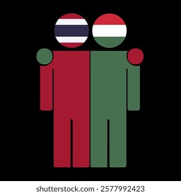 Flat illustration of two human figures with Thailand and Hungary flags as heads. Minimalistic design, isolated background.