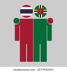 Flat illustration of two human figures with Thailand and Dominica flags as heads. Minimalistic design, isolated background.