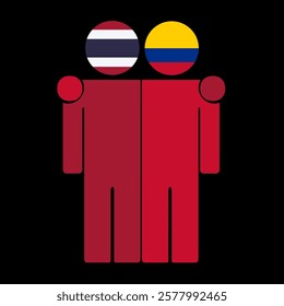 Flat illustration of two human figures with Thailand and Colombia flags as heads. Minimalistic design, isolated background.