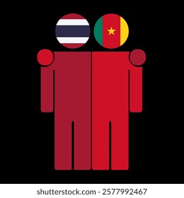 Flat illustration of two human figures with Thailand and Cameroon flags as heads. Minimalistic design, isolated background.