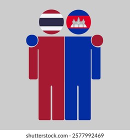 Flat illustration of two human figures with Thailand and Cambodia flags as heads. Minimalistic design, isolated background.