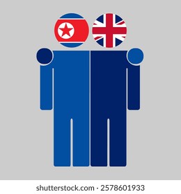 Flat illustration of two human figures with North Korea and UK flags as heads. Minimalistic design, isolated background.