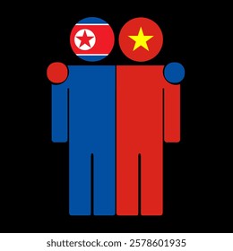 Flat illustration of two human figures with North Korea and Vietnam flags as heads. Minimalistic design, isolated background.