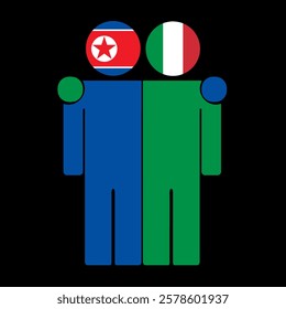 Flat illustration of two human figures with North Korea and Italy flags as heads. Minimalistic design, isolated background.